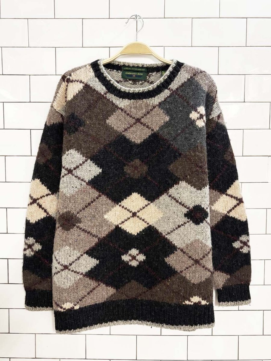 vintage 90s embassy row 100% wool hand - knit argyle sweater - good market thrift store
