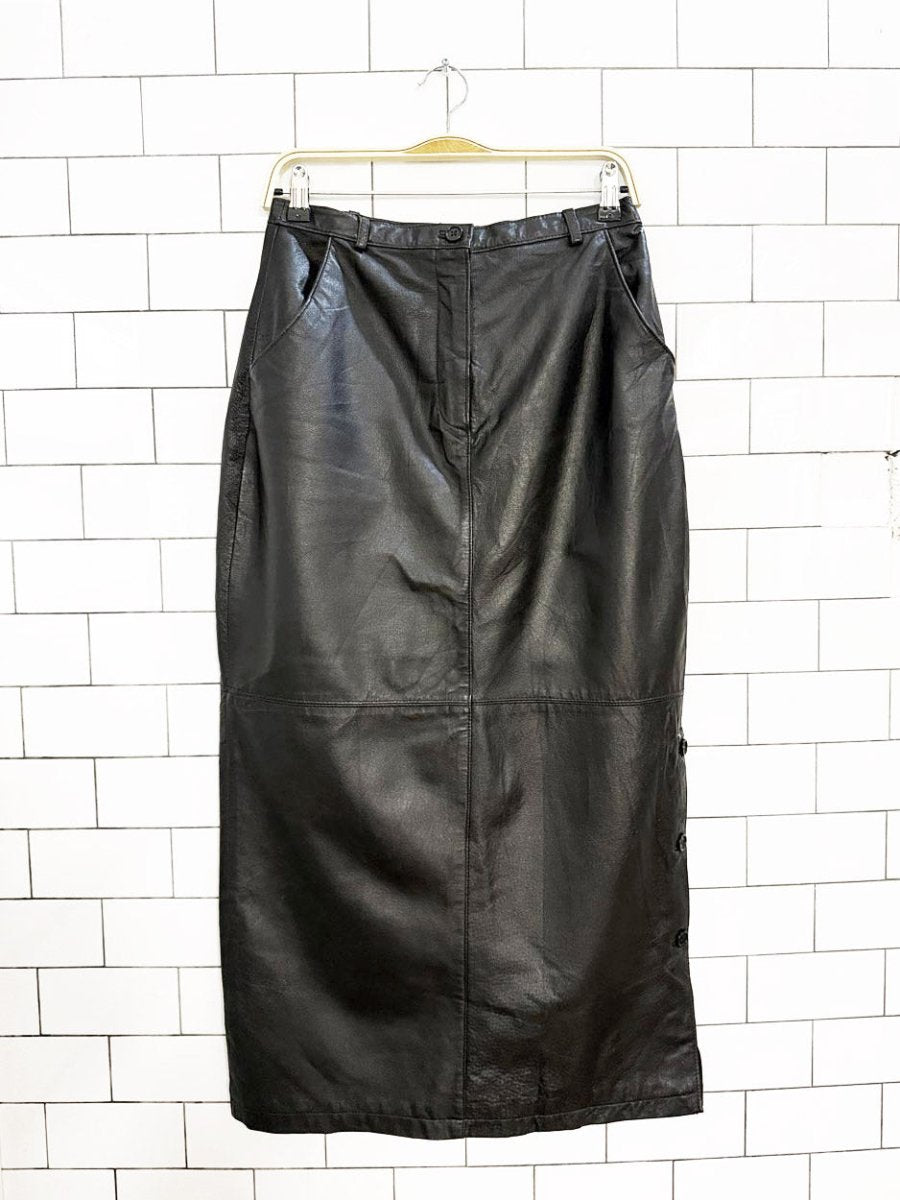 vintage 90s emc leather side - button slit maxi skirt - good market thrift store