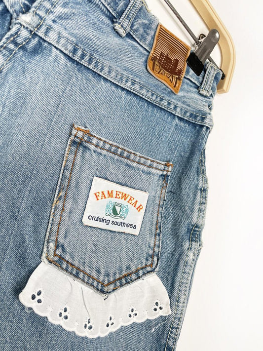 vintage 90s exit exit lace trim pleated denim shorts | rework - good market thrift store