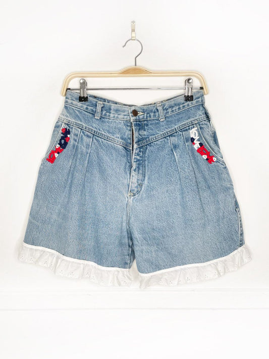 vintage 90s exit exit lace trim pleated denim shorts | rework - good market thrift store