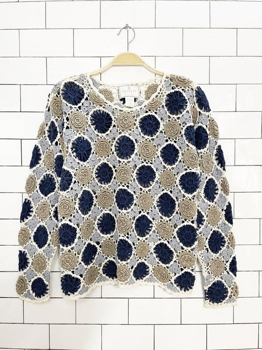 vintage 90s express tricot flower crochet hand-knitted long sleeve top - good market thrift store