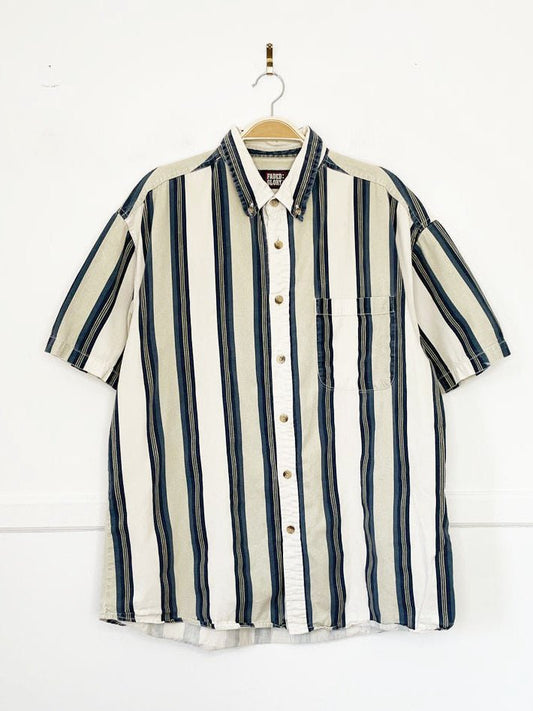 vintage 90s faded glory blue stripe full button denim shirt - good market thrift store