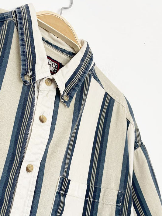 vintage 90s faded glory blue stripe full button denim shirt - good market thrift store