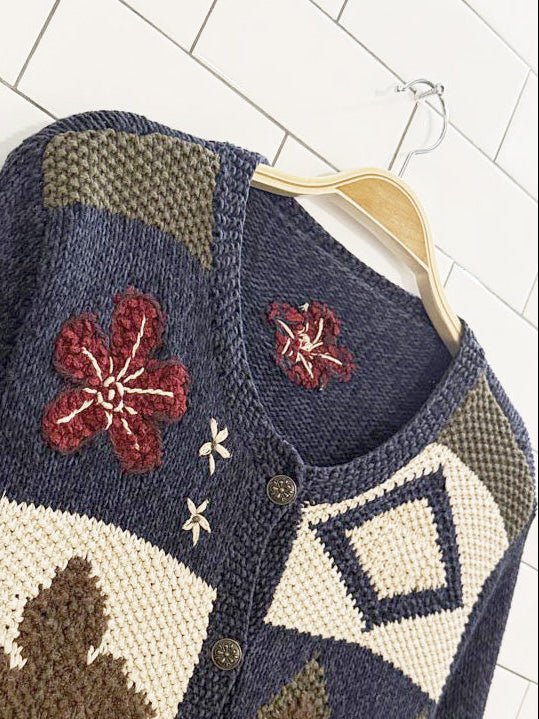 vintage 90s fall patchwork chunky knit cardigan - good market thrift store