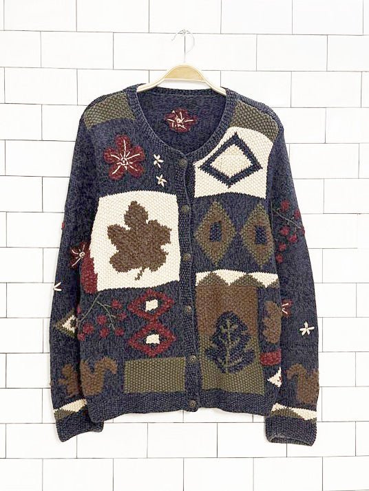 vintage 90s fall patchwork chunky knit cardigan - good market thrift store