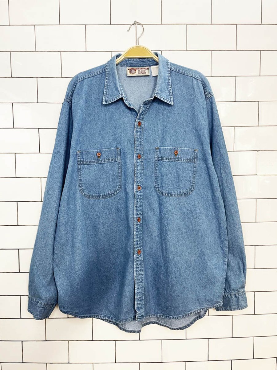 vintage 90s fine line full button denim shirt - good market thrift store