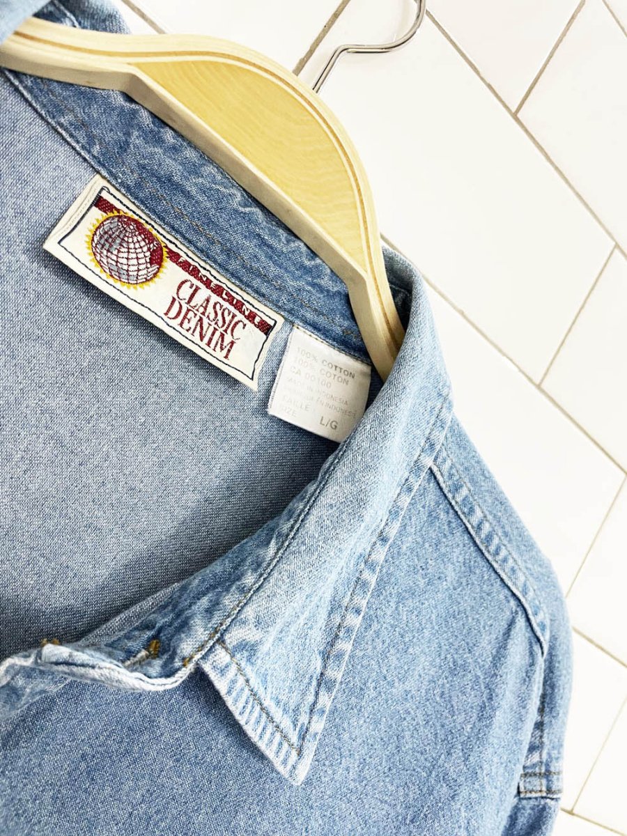 vintage 90s fine line full button denim shirt - good market thrift store