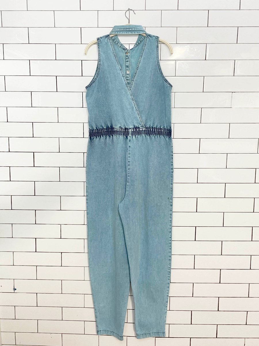 vintage 90s fiori blu denim collared halter-neck jumpsuit | made in Canada - good market thrift store