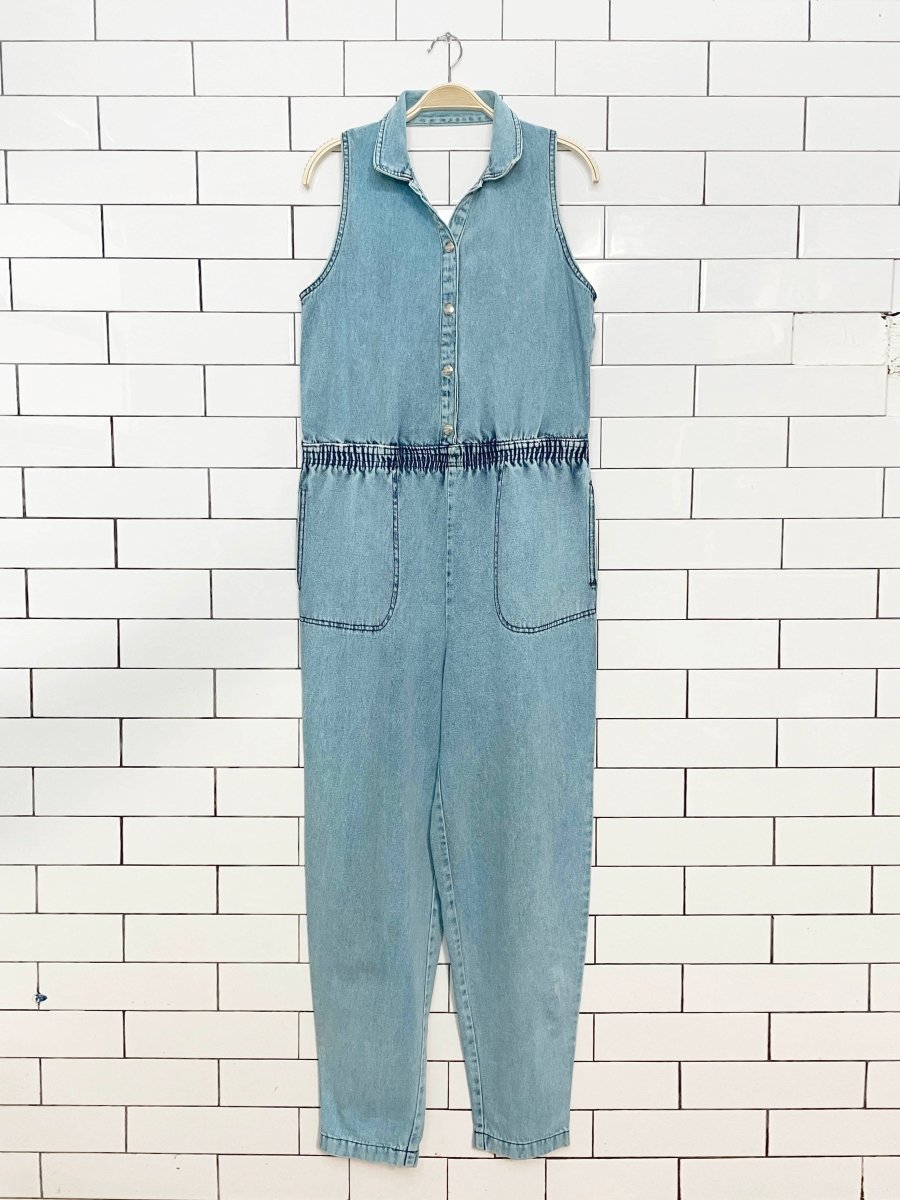 vintage 90s fiori blu denim collared halter-neck jumpsuit | made in Canada - good market thrift store