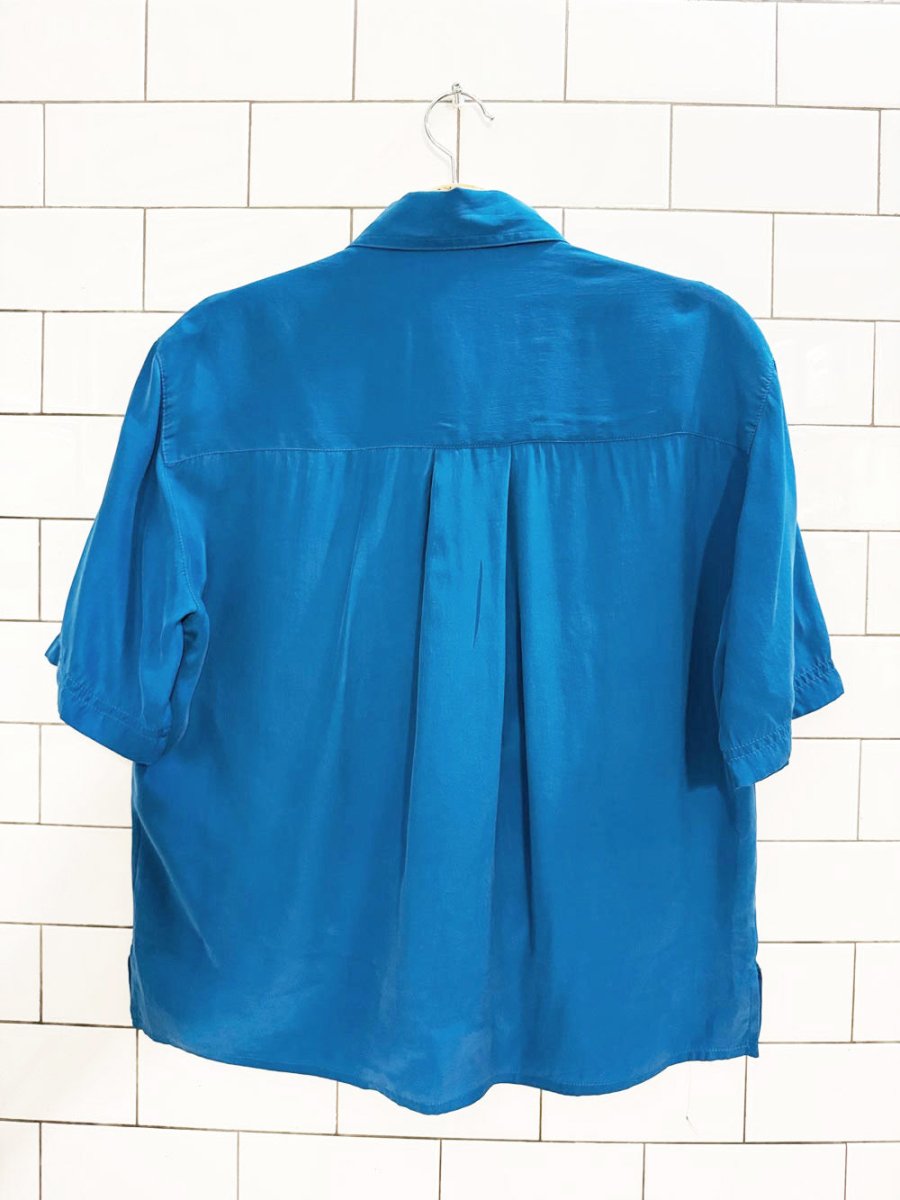 vintage 90s first issue 100% silk boxy short full button blouse - good market thrift store