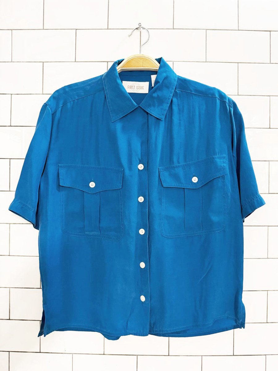 vintage 90s first issue 100% silk boxy short full button blouse - good market thrift store