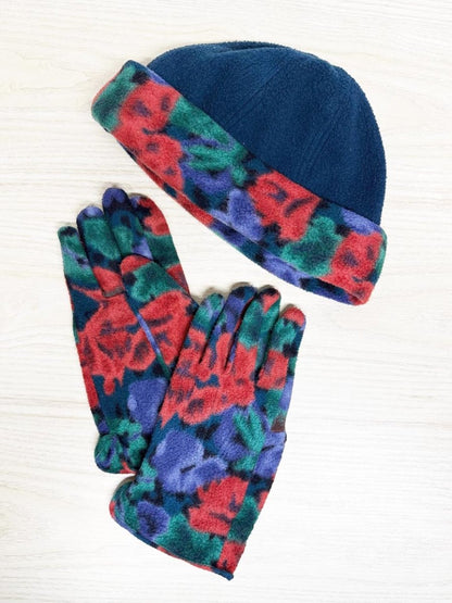 vintage 90s floral fleece gloves + hat set - good market thrift store