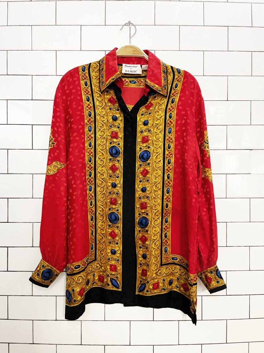 vintage 90s francesca of damon 100% silk royal jewel full button shirt - good market thrift store