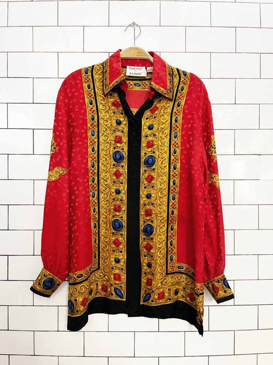 vintage 90s francesca of damon 100% silk royal jewel full button shirt - good market thrift store