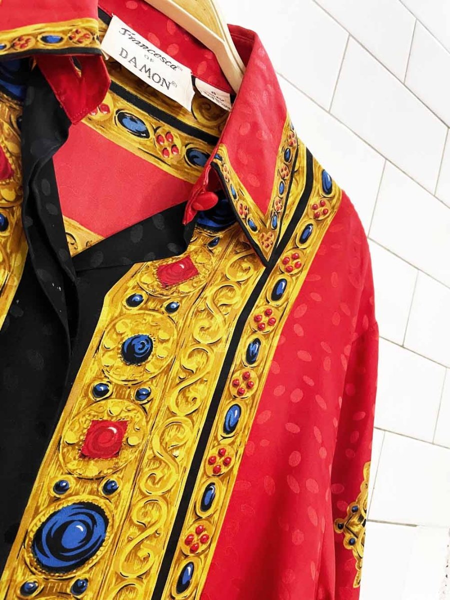 vintage 90s francesca of damon 100% silk royal jewel full button shirt - good market thrift store