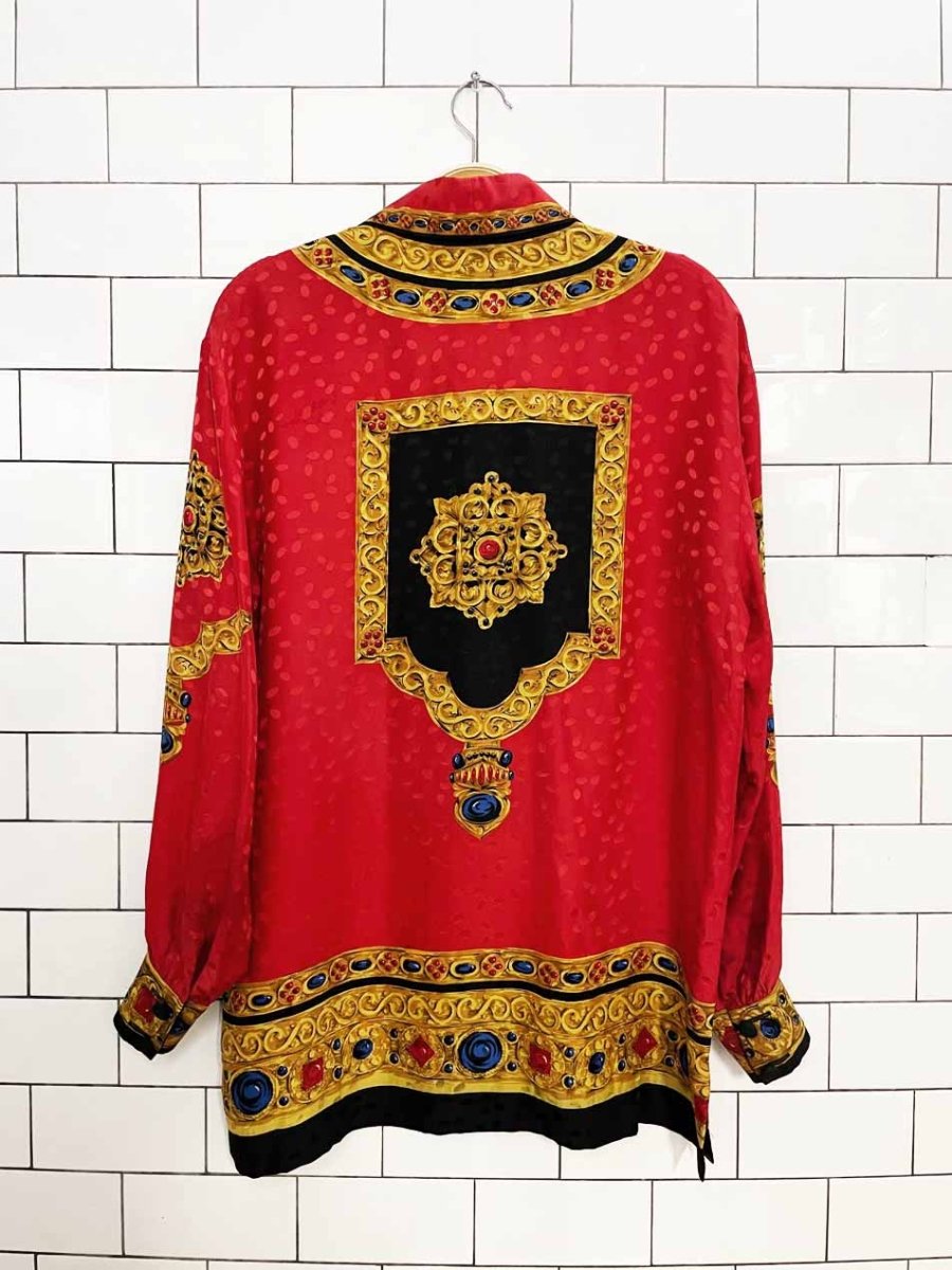 vintage 90s francesca of damon 100% silk royal jewel full button shirt - good market thrift store