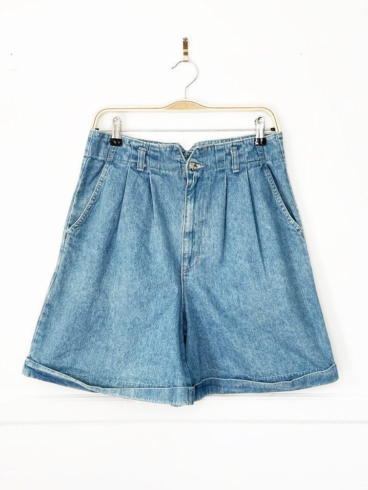 vintage 90s french navy pleated high rise soft denim shorts | made in usa - good market thrift store