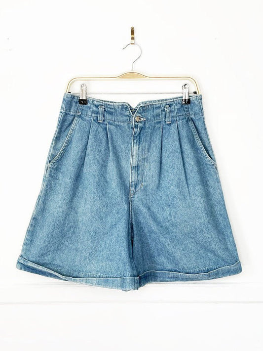 vintage 90s french navy pleated high rise soft denim shorts | made in usa - good market thrift store