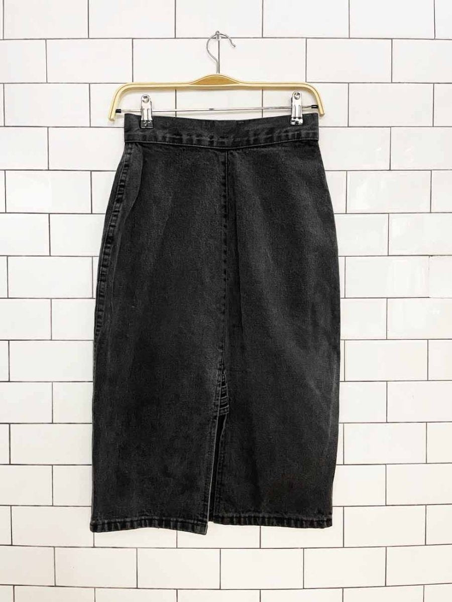 vintage 90s fuel injection stretchy denim midi skirt - good market thrift store
