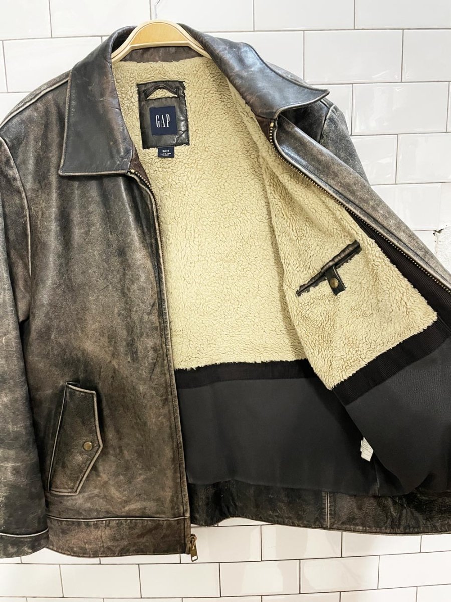 vintage 90s gap leather sherpa lined bomber jacket - good market thrift store