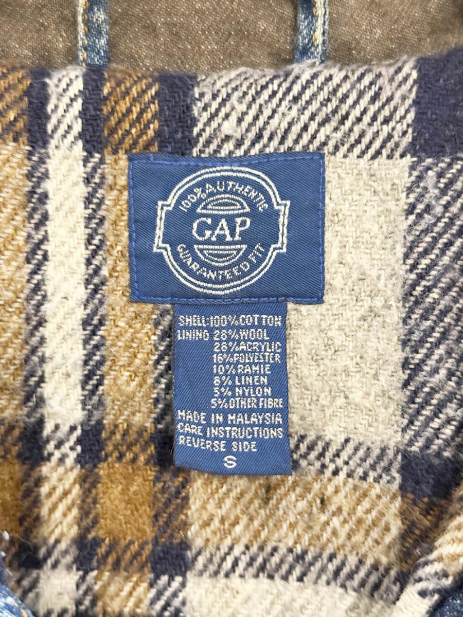 vintage 90s gap wool - linen plaid lined denim jacket | contrast collar - good market thrift store