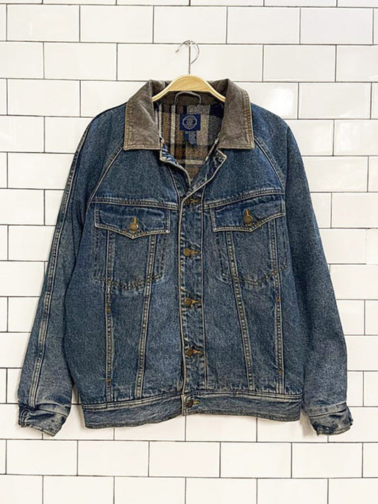 vintage 90s gap wool - linen plaid lined denim jacket | contrast collar - good market thrift store