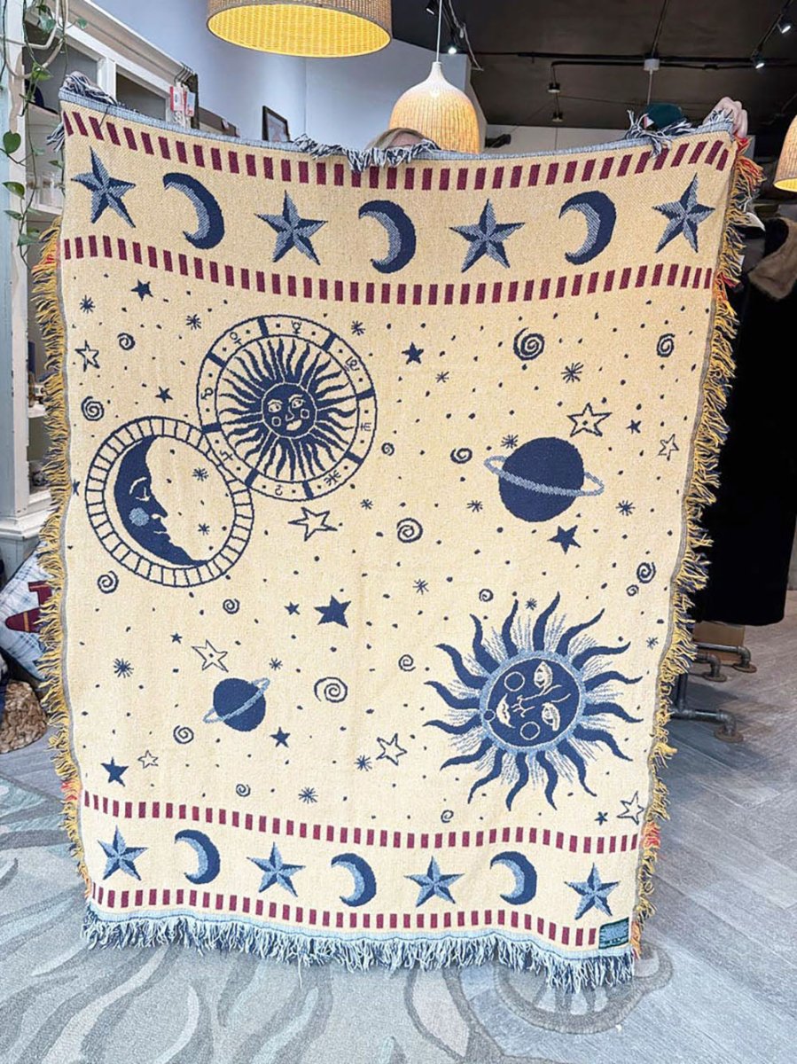 vintage 90s goodwin weavers woven celestial fringe blanket | made in USA - good market thrift store