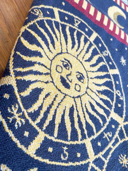 vintage 90s goodwin weavers woven celestial fringe blanket | made in USA - good market thrift store