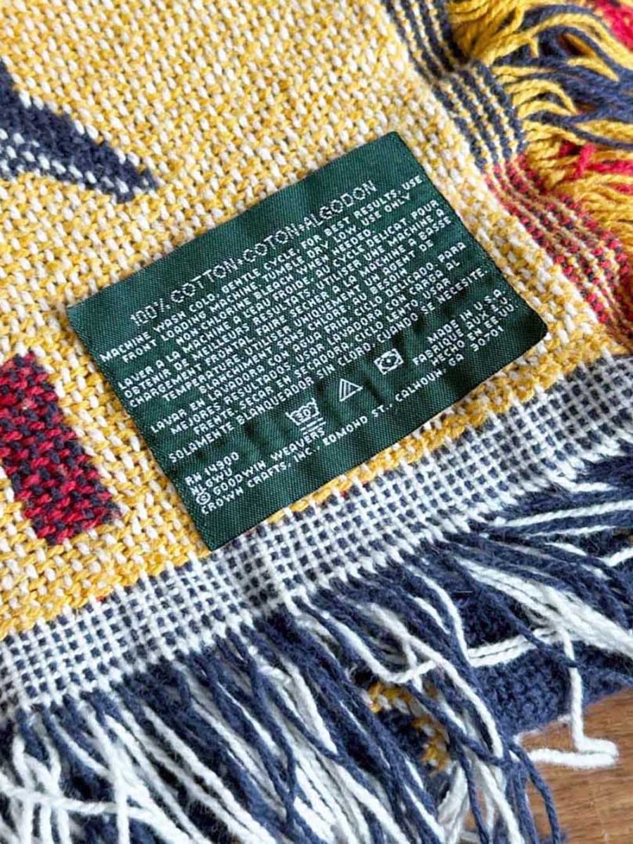 vintage 90s goodwin weavers woven celestial fringe blanket | made in USA - good market thrift store