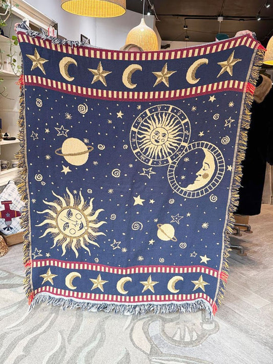 vintage 90s goodwin weavers woven celestial fringe blanket | made in USA - good market thrift store