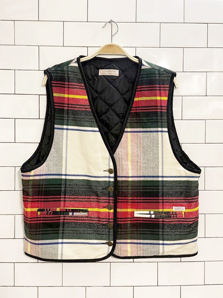 vintage 90s guess flannel quilted full button vest - good market thrift store