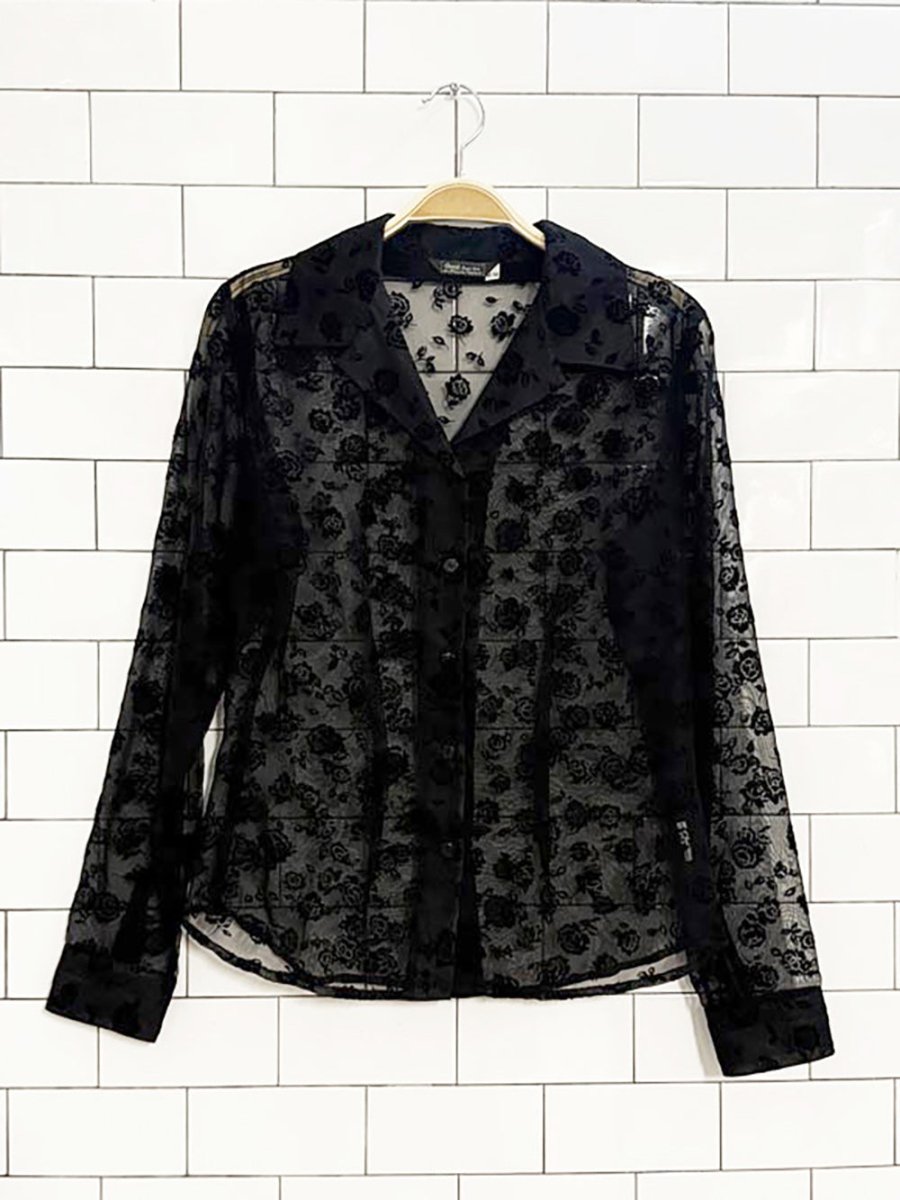 vintage 90s guess sheer velvet rose blouse - good market thrift store