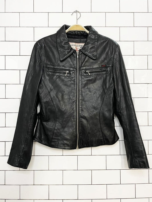vintage 90s guess soft leather zip up fitted biker jacket - good market thrift store