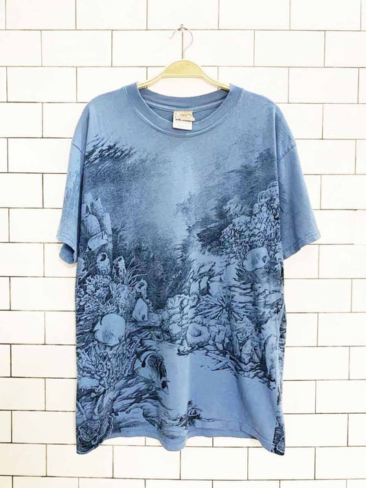 vintage 90s habitat all over print coral fish tee - good market thrift store