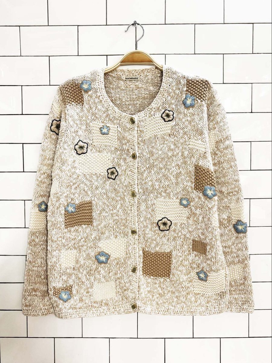 vintage 90s hand embroidered knit patchwork cardigan - good market thrift store
