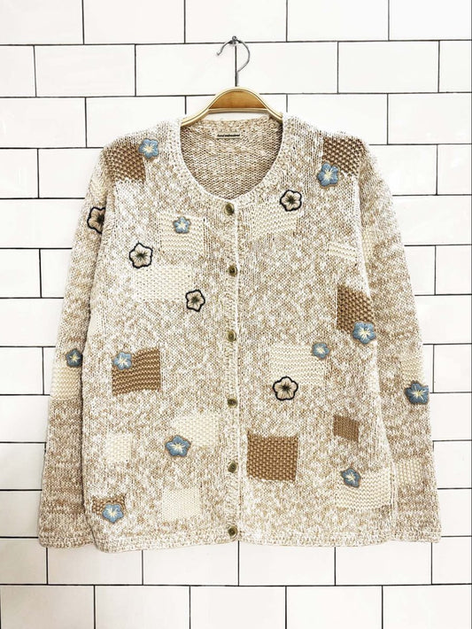 vintage 90s hand embroidered knit patchwork cardigan - good market thrift store