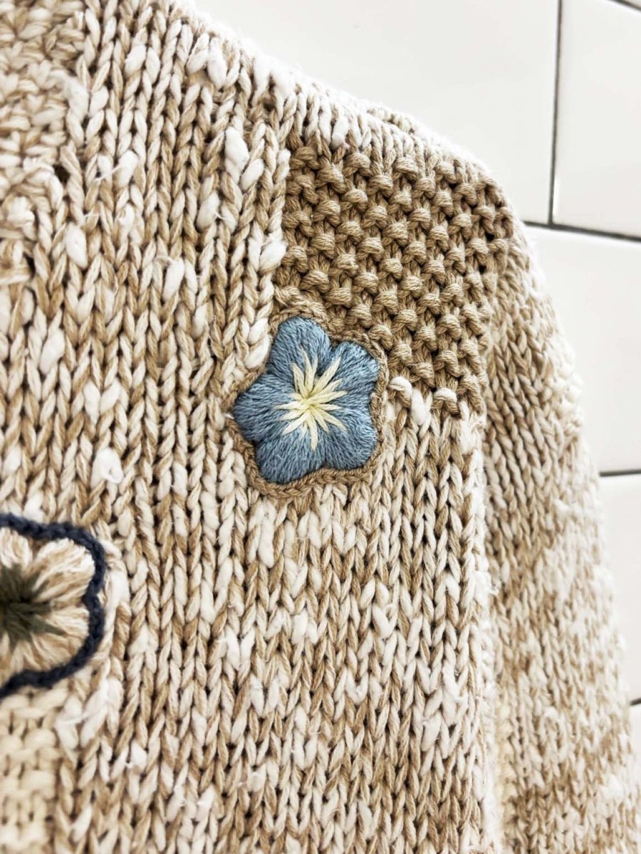 vintage 90s hand embroidered knit patchwork cardigan - good market thrift store