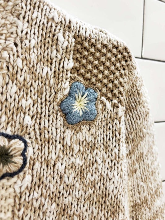 vintage 90s hand embroidered knit patchwork cardigan - good market thrift store