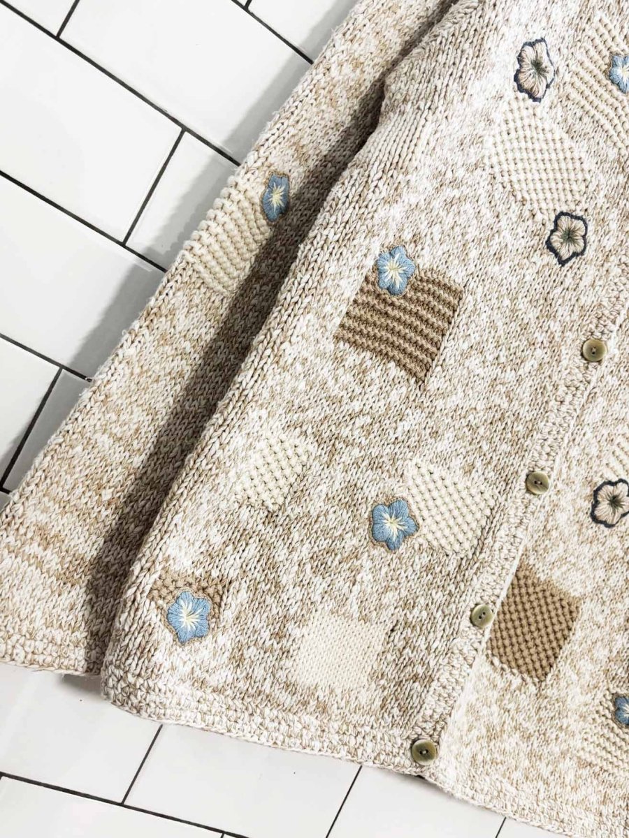 vintage 90s hand embroidered knit patchwork cardigan - good market thrift store