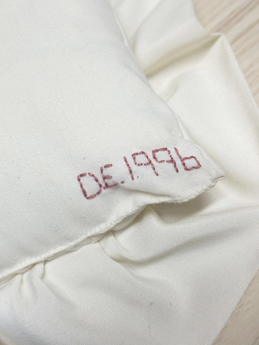 vintage 90s handmade cross - stitch ruffle edge pillow - good market thrift store