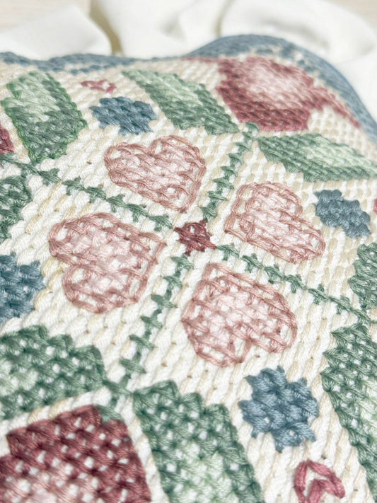 vintage 90s handmade cross - stitch ruffle edge pillow - good market thrift store