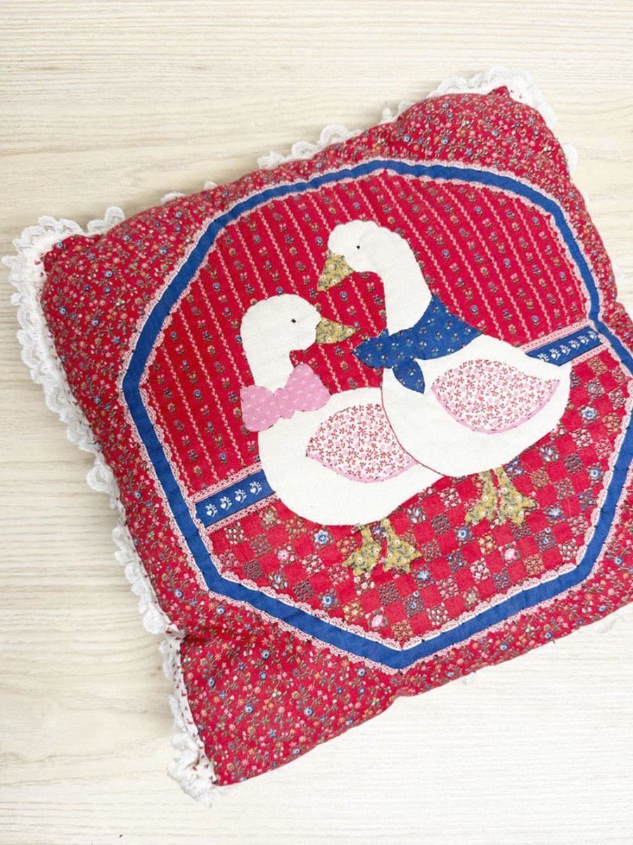 vintage 90s handmade quilted ducks lace trim pillow - good market thrift store
