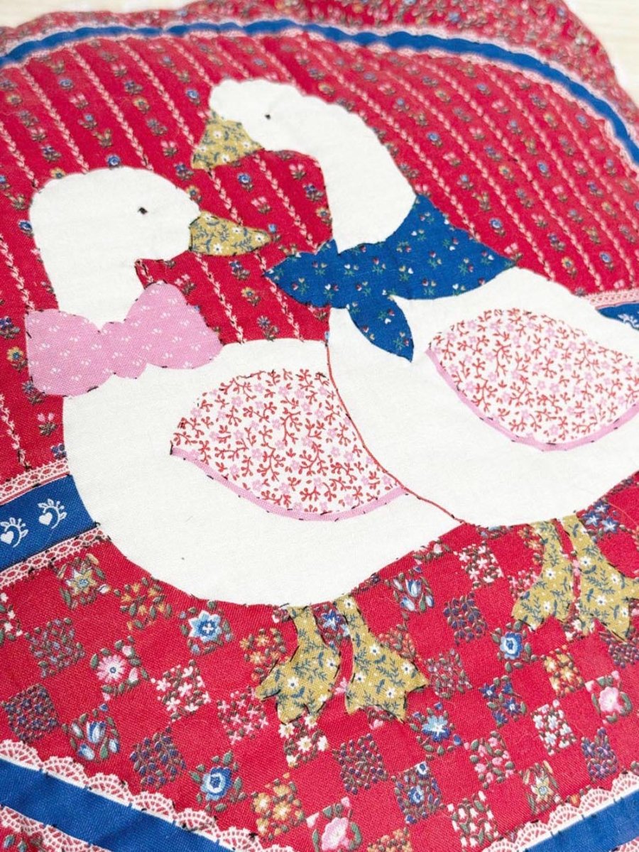vintage 90s handmade quilted ducks lace trim pillow - good market thrift store