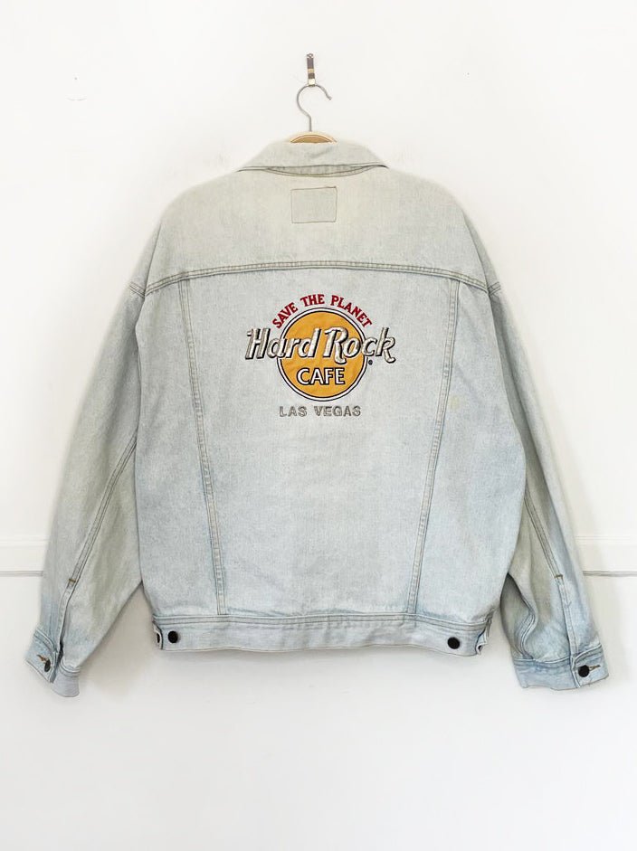 vintage 90s hard rock cafe las vegas denim trucker jacket | save the planet | made in usa - good market thrift store