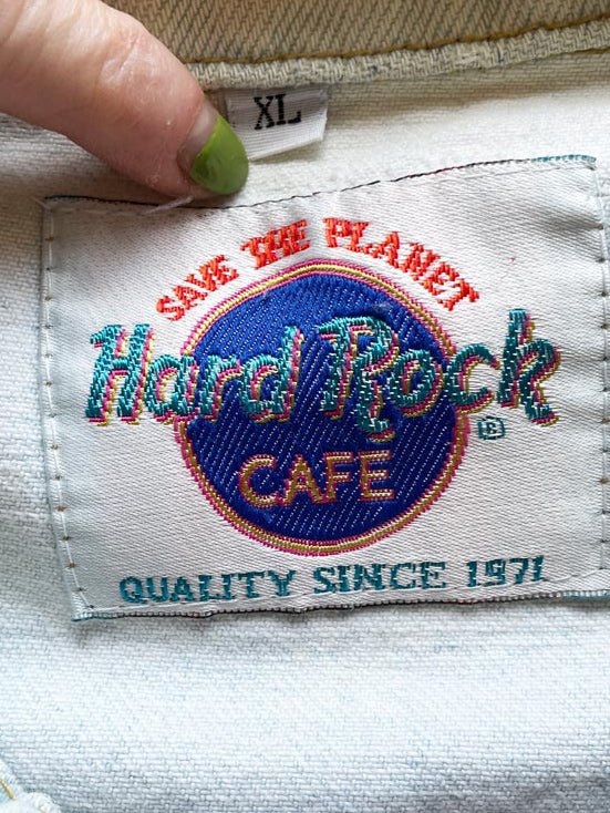 vintage 90s hard rock cafe las vegas denim trucker jacket | save the planet | made in usa - good market thrift store