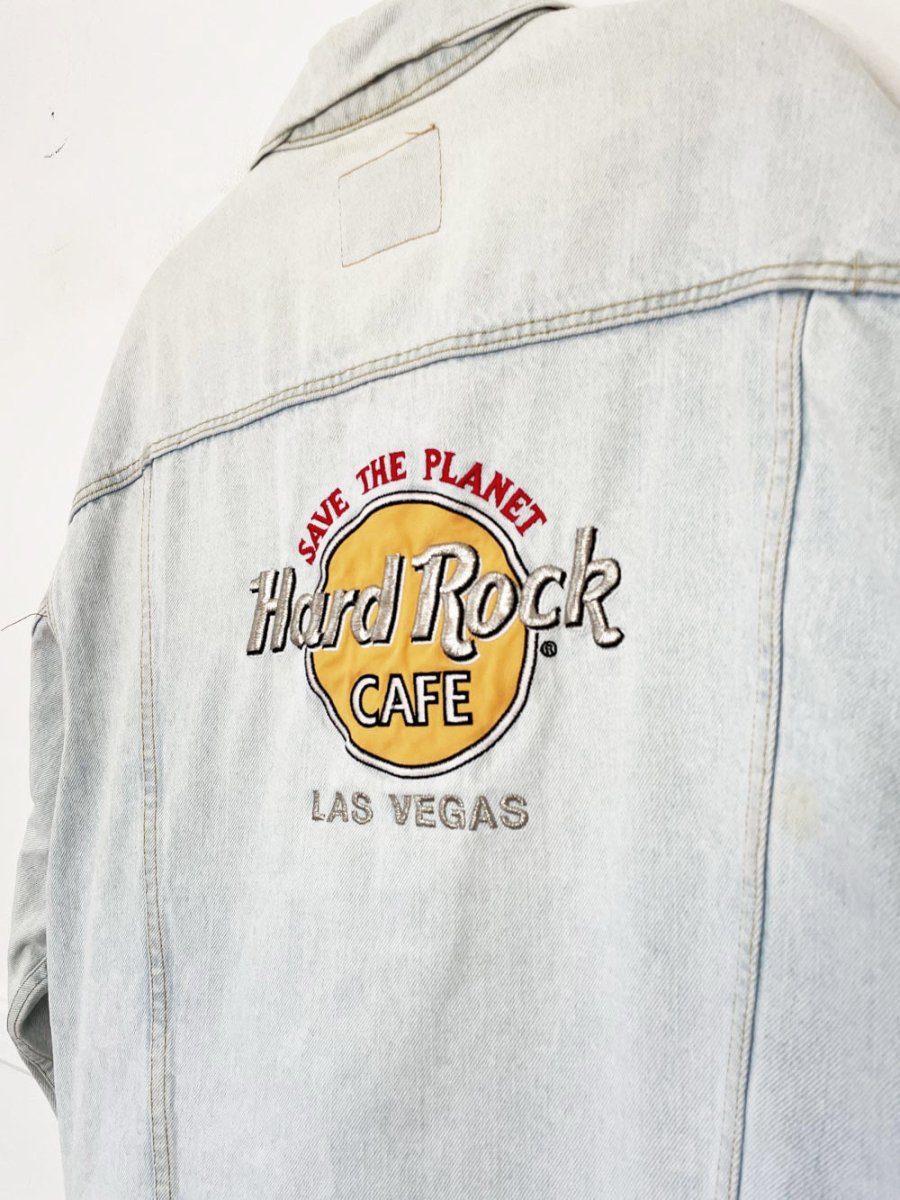 vintage 90s hard rock cafe las vegas denim trucker jacket | save the planet | made in usa - good market thrift store