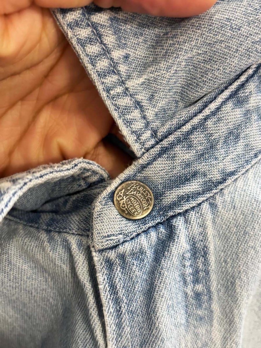 vintage 90s harley davidson snap button denim pocket shirt - good market thrift store