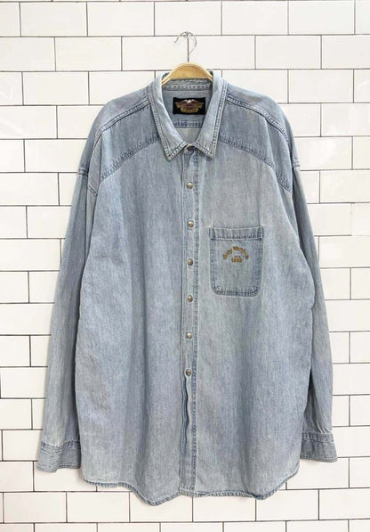 vintage 90s harley davidson snap button denim pocket shirt - good market thrift store