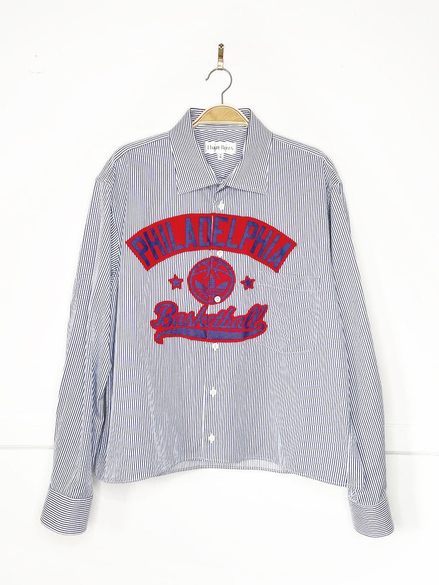 vintage 90s harry rosen x adidas philadelpha 76ers sporty prep cropped shirt | rework - good market thrift store