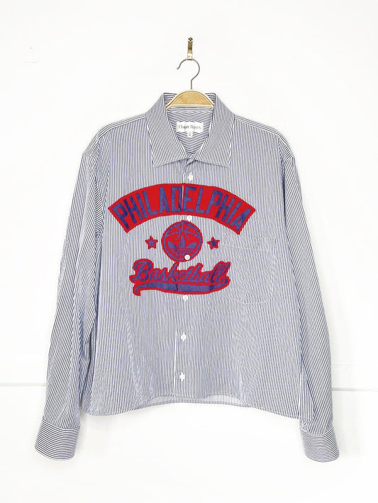 vintage 90s harry rosen x adidas philadelpha 76ers sporty prep cropped shirt | rework - good market thrift store